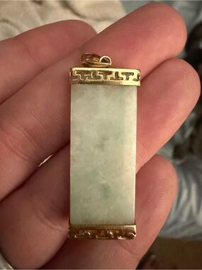14kt Gold Green Jade Good Luck Bar Pendant
